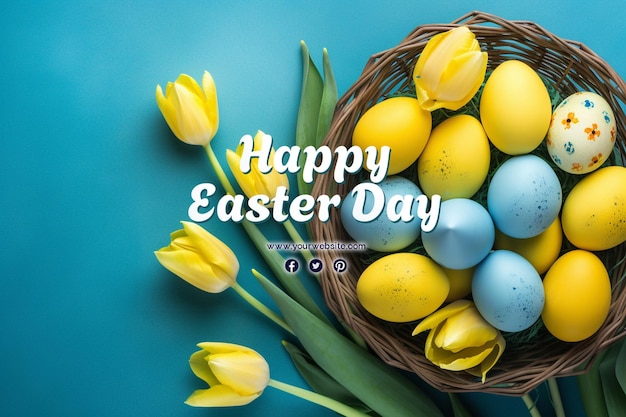 Happy easter day with eggs and cute bunny for social media banner and post template