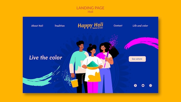 Happy holi festival landing page template