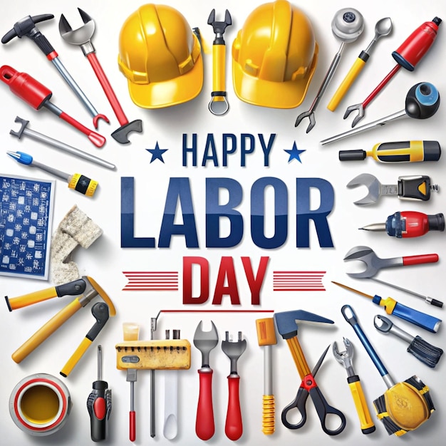 PSD happy labor day with tools and labor on transparent background