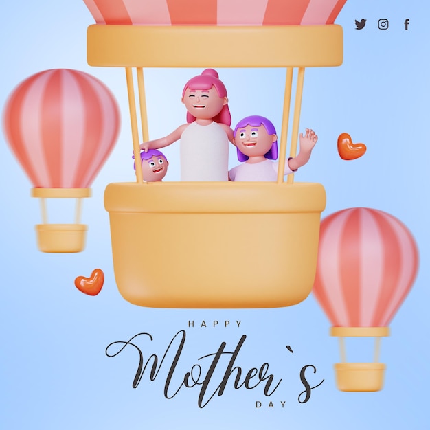 happy mother's day template greeting with 3d render character mon and girl son hot air ballon flying