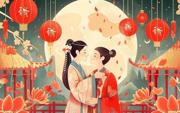 PSD happy qixi festival for a japanese couple with a full moon in the background