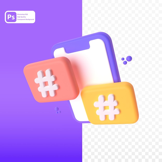 Hashtag in 3d render for graphic asset web presentation or other