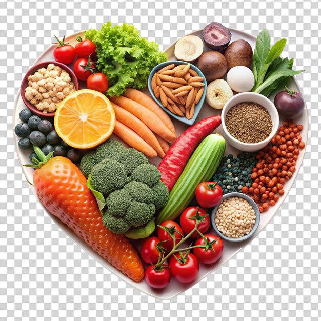 PSD a heart shaped plate of fruits and vegetables on transparent background