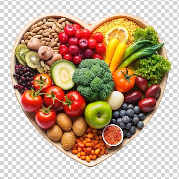 PSD a heart shaped plate of fruits and vegetables on transparent background