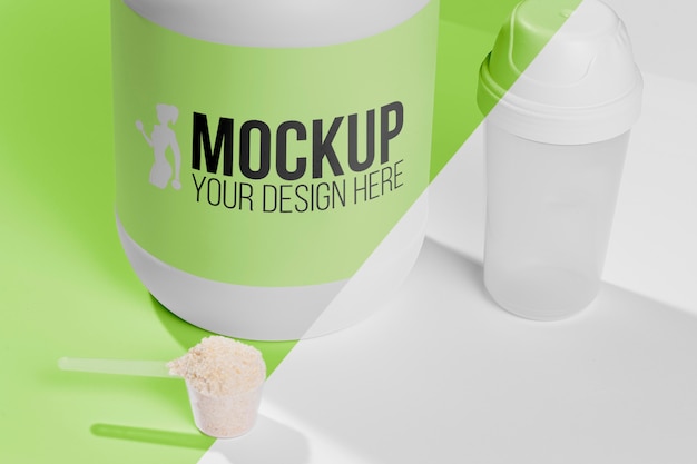 High view green bottle of protein powder mock-up