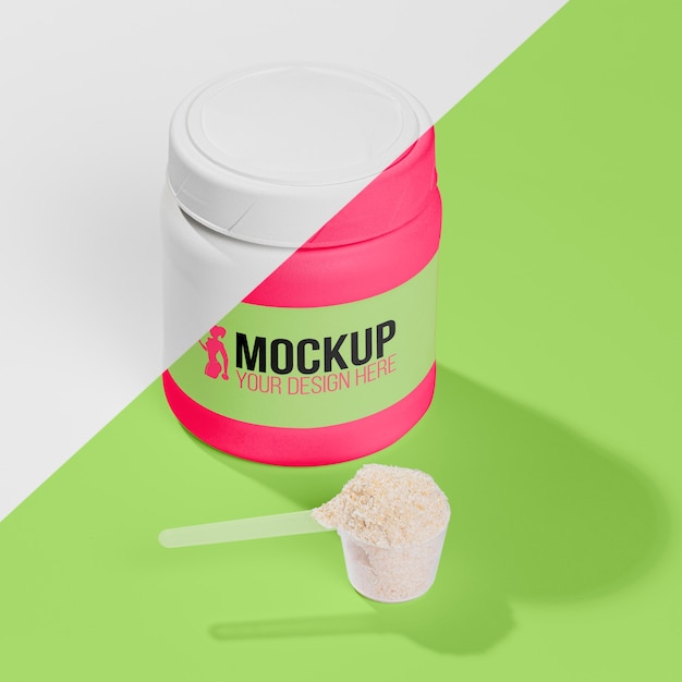 High view pink bottle of protein powder mock-up