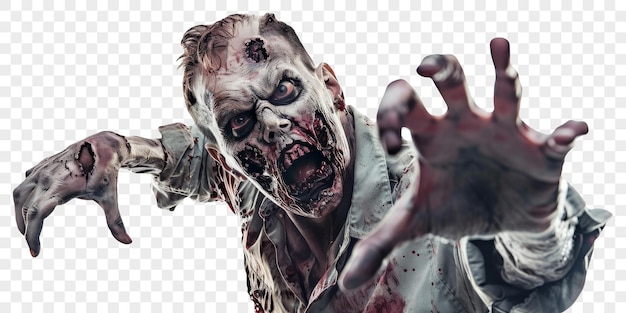 PSD horrifying zombie with bloodied wounds reaching out on isolated background