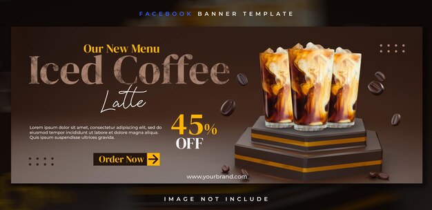 Iced coffee drink facebook banner sample template with 3d render podium and background