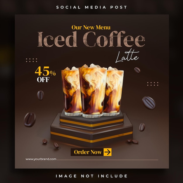 Iced coffee drink social media instagram post template with 3d render background and podium