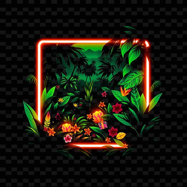 PSD illuminating neon jungle forest inside a silhouette square landscape has dense leaves with tropical