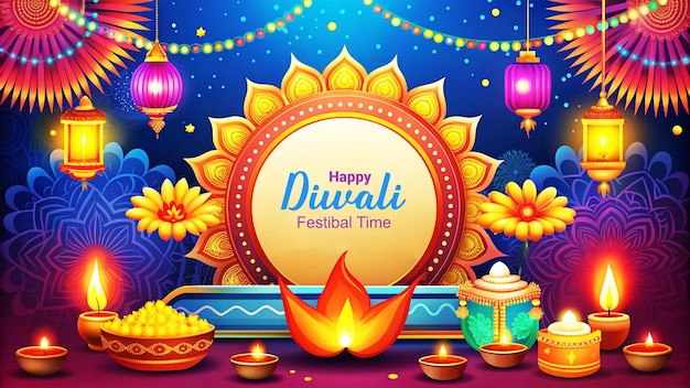 PSD illustration for diwali with diya oil lamp background