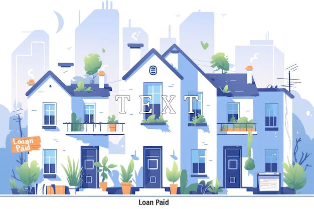 PSD illustration of two white houses with green plants in a city with a sign that says loan paid