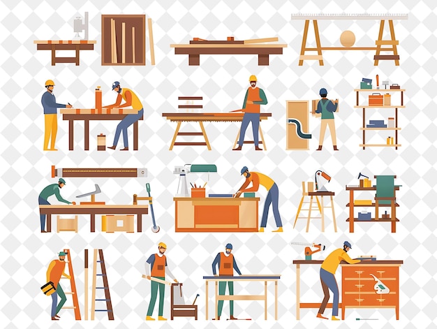 Industrial Carpenter With Characters Building and Crafting F PNG People in Daily Work Illustration