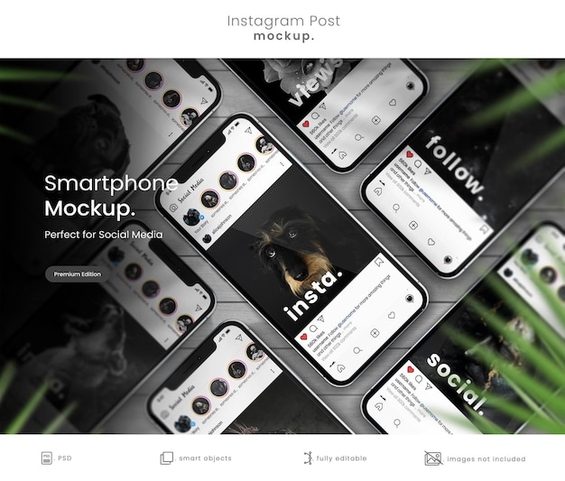 Instagram post mockup on collection of smarphones