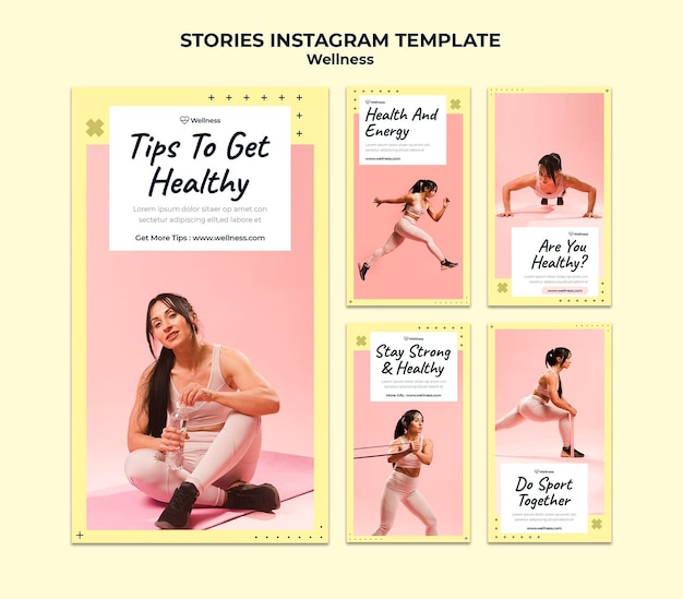 Instagram stories collection for health and wellbeing with woman doing fitness