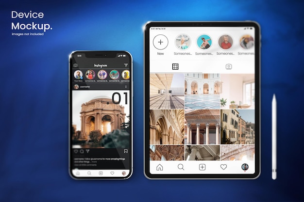 Instagram Tablet Mockup and phone mockup on rich blue background
