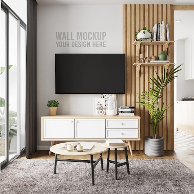 PSD interior living room wall background mockup with tv and cabinet decoration