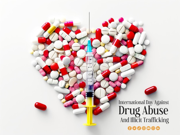 International day against drug abuse and illicit trafficking background with medicine and Syringe