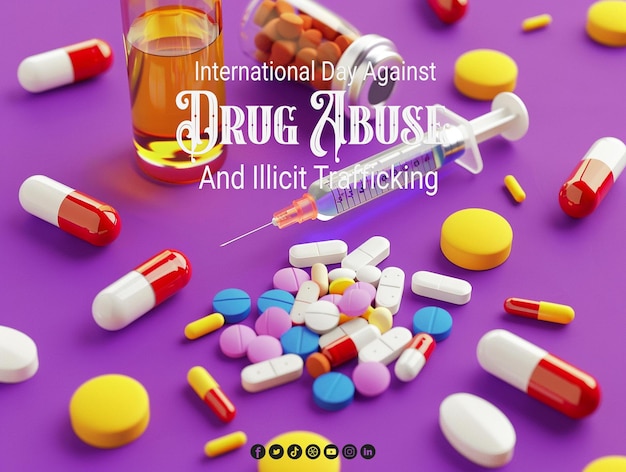 International day against drug abuse and illicit trafficking background with medicine and Syringe