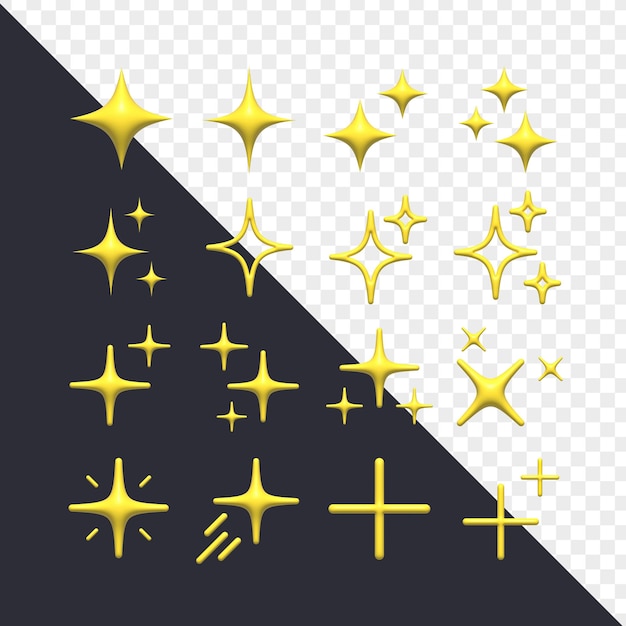 PSD isolated 3d stars and sparks collection with transparent background