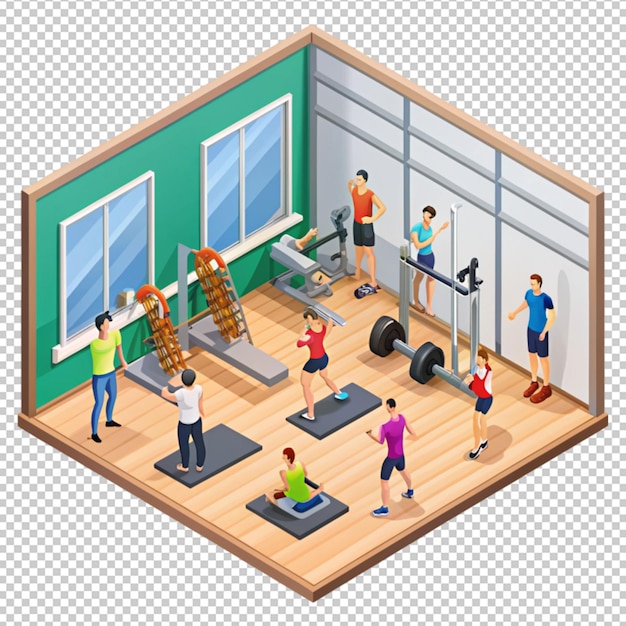 PSD isometric fitness club with training apparatus isolated on transparent background