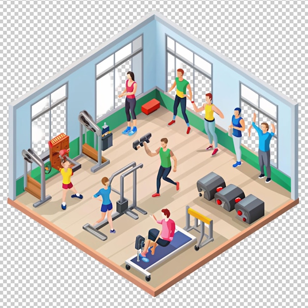 PSD isometric fitness club with training apparatus isolated on transparent background