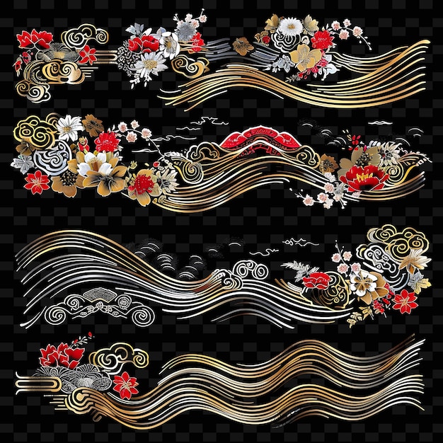 PSD japanese with cherry blossoms and waves borderline design de png unique stylized motifs designs