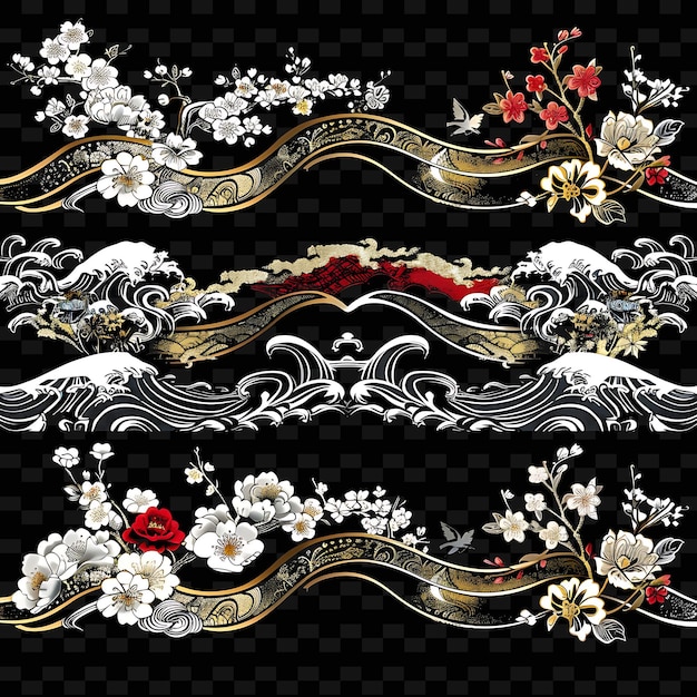 PSD japanese with cherry blossoms and waves borderline design de png unique stylized motifs designs