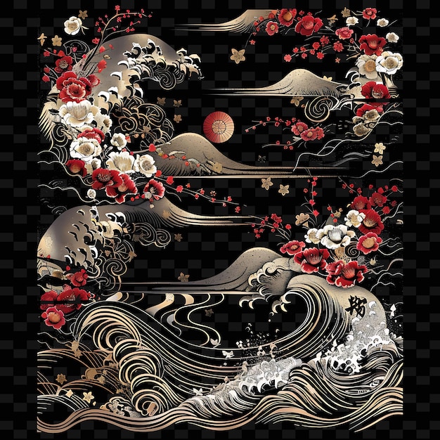 PSD japanese with cherry blossoms and waves borderline design de png unique stylized motifs designs