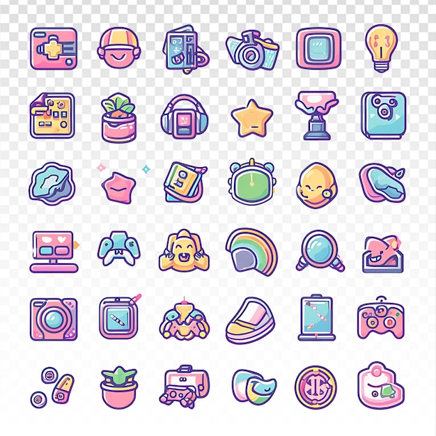 Kleurrijke schattige stickers Iconen van spelassets in pastel