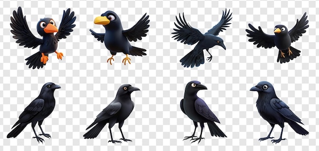 PSD kolekcja flying crow halloween 3d ikony kreskówki izolowane na przejrzystym tle