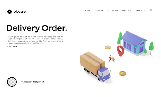 PSD landing page with 3d isometric order delivery illustration. courier delivers the order