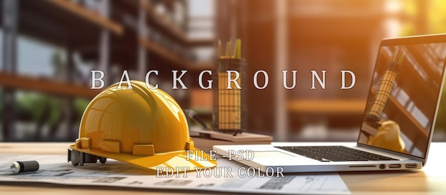 Laptop book pen and safety helmet for engineer on table glass room background and construction site