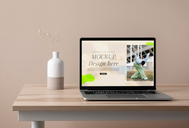 Laptop mock-up with wooden furniture scene