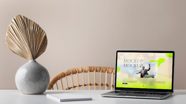 Laptop mock-up with wooden furniture scene