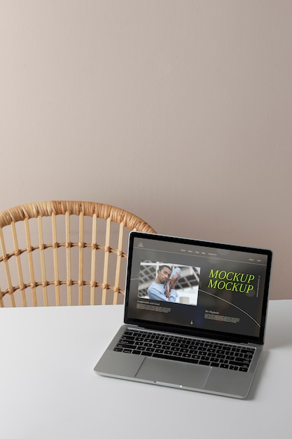 Laptop mock-up with wooden furniture scene