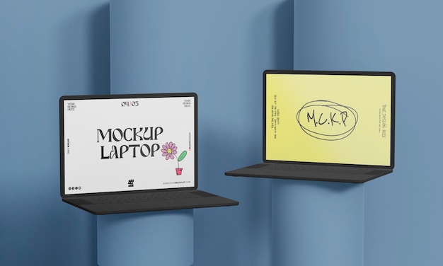 Laptop   on podium  mockup