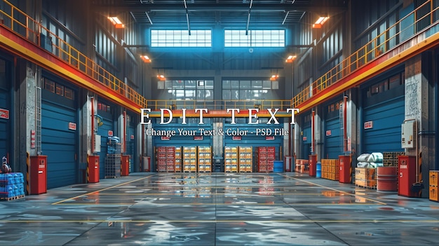 PSD a large warehouse with open bay doors a wet floor stacked crates and a catwalk