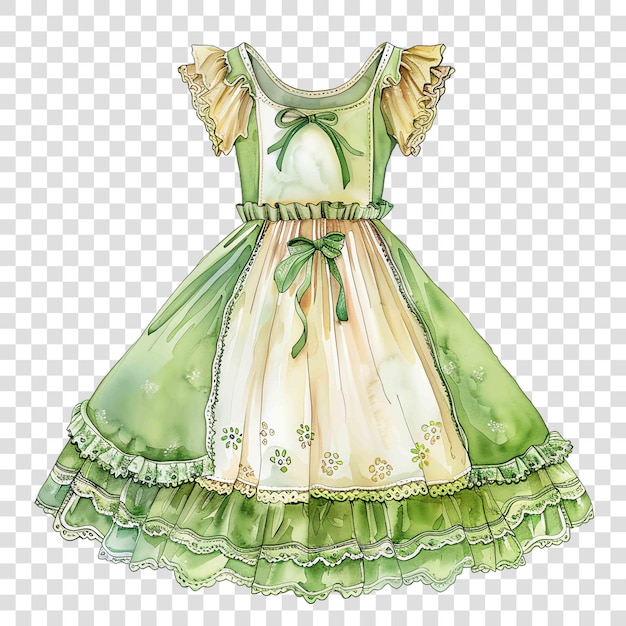 PSD light green little dress for girl in victorian style watercolor nurseryon transparent background