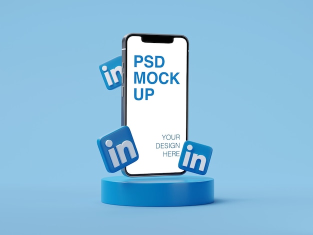 Linkedin logo social media post on mobile phone mockup with 3d icons