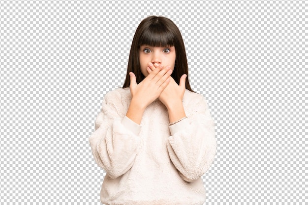 Little girl over isolated green chroma key background covering mouth with hands