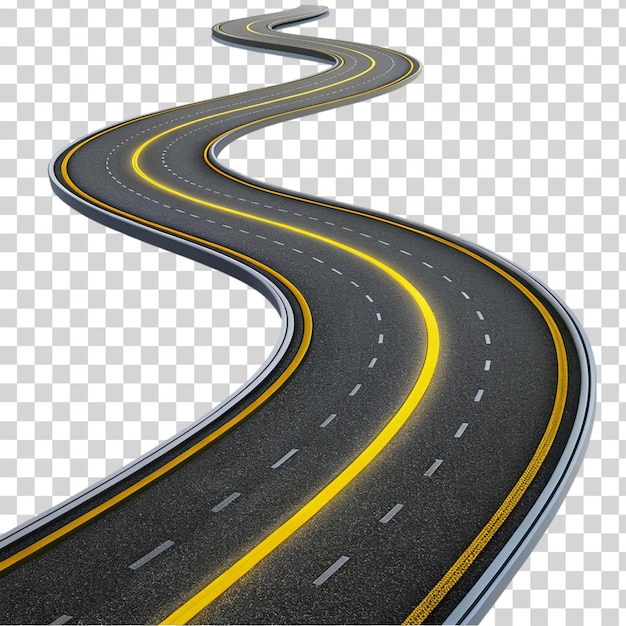 PSD little winding asphalt road with yellow symbol isolated on transparent background