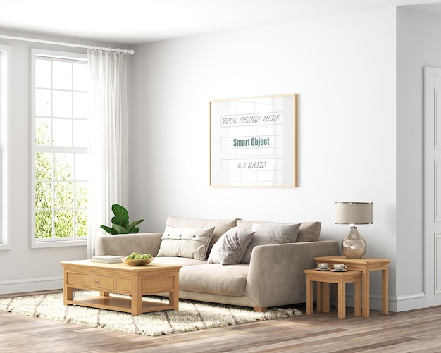 PSD the living room is decorated in a modern style and flooded with light frame mockup