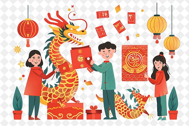 Lunar New Year Celebration With Characters Giving Red Envelo PNG Festival 2D Flat Art Illustrations