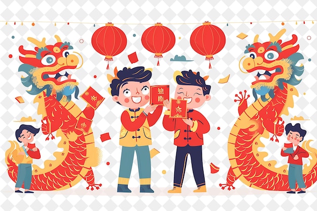 Lunar New Year Celebration With Characters Giving Red Envelo PNG Festival 2D Flat Art Illustrations