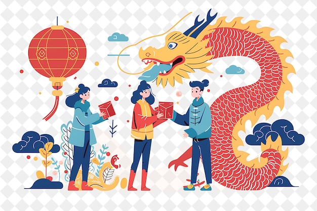 Lunar New Year Celebration With Characters Giving Red Envelo PNG Festival 2D Flat Art Illustrations