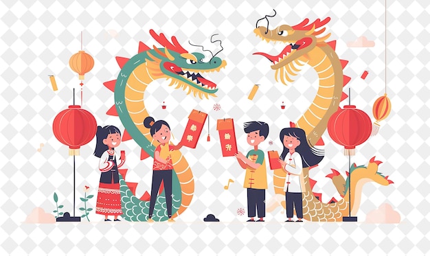 Lunar New Year Celebration With Characters Giving Red Envelo PNG Festival 2D Flat Art Illustrations