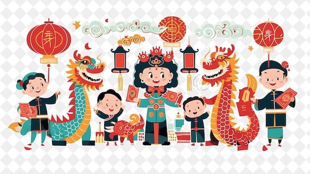 Lunar New Year Celebration With Characters Giving Red Envelo PNG Festival 2D Flat Art Illustrations