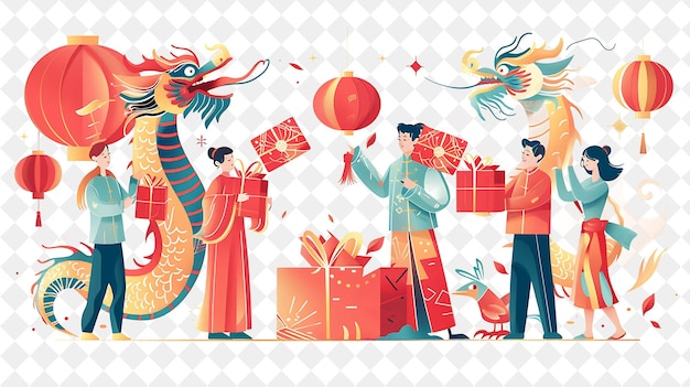 Lunar New Year Celebration With Characters Giving Red Envelo PNG Festival 2D Flat Art Illustrations