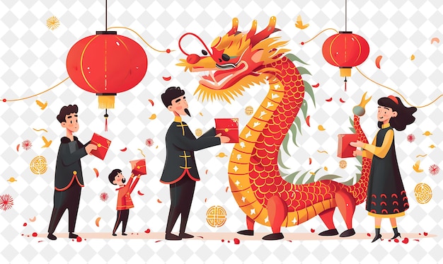 Lunar New Year Celebration With Characters Giving Red Envelo PNG Festival 2D Flat Art Illustrations